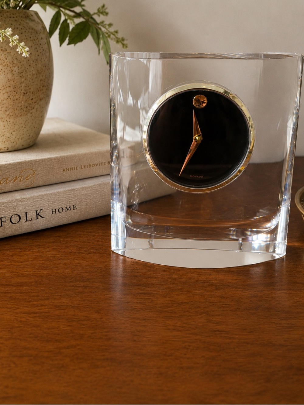 Movado Crystal Lucite Desk Clock | Modern Art Deco Mantel Clock | Black Dial